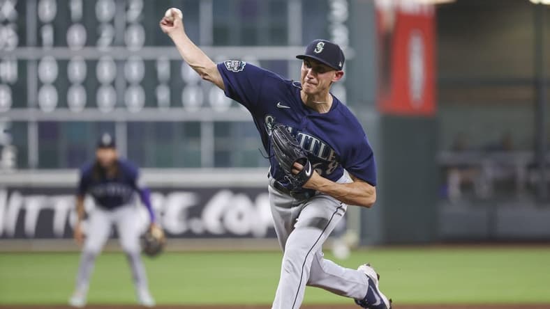 Jul 6, 2023; Houston, Texas, USA; Seattle Mariners starting pitcher George Kirby (68) delivers a pitch during the second inning against the Houston Astros at Minute Maid Park. Mandatory Credit: Troy Taormina-USA TODAY Sports