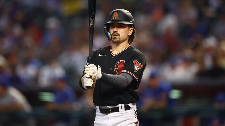 Jul 5, 2023; Phoenix, Arizona, USA; Arizona Diamondbacks outfielder Corbin Carroll against the New York Mets at Chase Field. Mandatory Credit: Mark J. Rebilas-USA TODAY Sports
