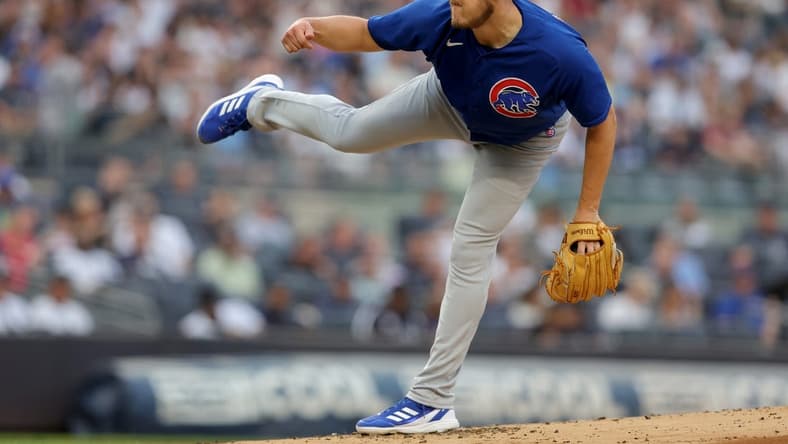 Jul 7, 2023; Bronx, New York, USA; Chicago Cubs starting pitcher Jameson Taillon (50) follows through on a pitch against the New York Yankees during the first inning at Yankee Stadium. Mandatory Credit: Brad Penner-USA TODAY Sports