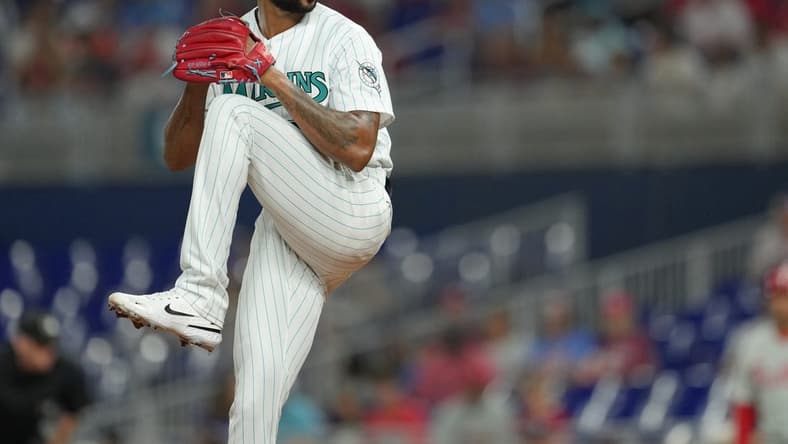 Jul 7, 2023; Miami, Florida, USA;  Miami Marlins starting pitcher Sandy Alcantara (22) pitches in the first inning against the Philadelphia Phillies at loanDepot Park. Mandatory Credit: Jim Rassol-USA TODAY Sports