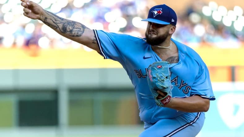 Jul 7, 2023; Detroit, Michigan, USA; Toronto Blue Jays starting pitcher Alek Mahoah (6) throws in the first inning against the Detroit Tigers at Comerica Park. Mandatory Credit: David Reginek-USA TODAY Sports