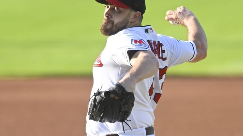 Jul 7, 2023; Cleveland, Ohio, USA; Cleveland Guardians starting pitcher Aaron Civale (43) delivers a pitch in the first inning against the Kansas City Royals at Progressive Field. Mandatory Credit: David Richard-USA TODAY Sports