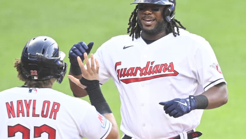 Jul 7, 2023; Cleveland, Ohio, USA; Cleveland Guardians designated hitter Josh Bell (55) celebrates his two-run home run with first baseman Josh Naylor (22) in the fourth inning against the Kansas City Royals at Progressive Field. Mandatory Credit: David Richard-USA TODAY Sports