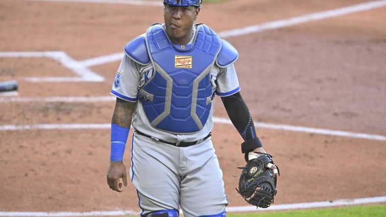 Jul 7, 2023; Cleveland, Ohio, USA; Kansas City Royals catcher Salvador Perez (13) walks on the field in the third inning against the Cleveland Guardians at Progressive Field. Mandatory Credit: David Richard-USA TODAY Sports