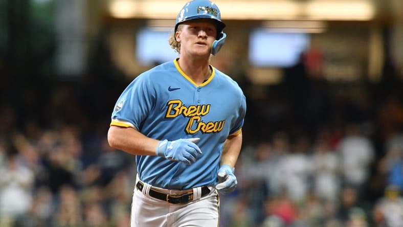 Jul 7, 2023; Milwaukee, Wisconsin, USA; Milwaukee Brewers center fielder Joey Wiemer (28) rounds the bases after hitting a home run against the Cincinnati Reds in the second inning at American Family Field. Mandatory Credit: Michael McLoone-USA TODAY Sports