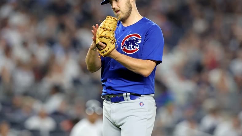 Jul 7, 2023; Bronx, New York, USA; Chicago Cubs starting pitcher Jameson Taillon (50) reacts after pitching the eighth inning against the New York Yankees at Yankee Stadium. Mandatory Credit: Brad Penner-USA TODAY Sports