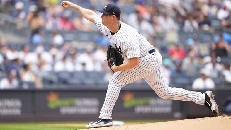 Jul 8, 2023; Bronx, New York, USA; New York Yankees pitcher Gerrit Cole (45) pitches against the Chicago Cubs during the first inning at Yankee Stadium. Mandatory Credit: Gregory Fisher-USA TODAY Sports