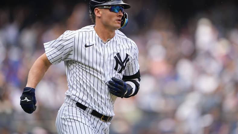 Jul 8, 2023; Bronx, New York, USA; New York Yankees third baseman Josh Donaldson (28) rounds the bases after hitting a home run against the Chicago Cubs during the second inning at Yankee Stadium. Mandatory Credit: Gregory Fisher-USA TODAY Sports