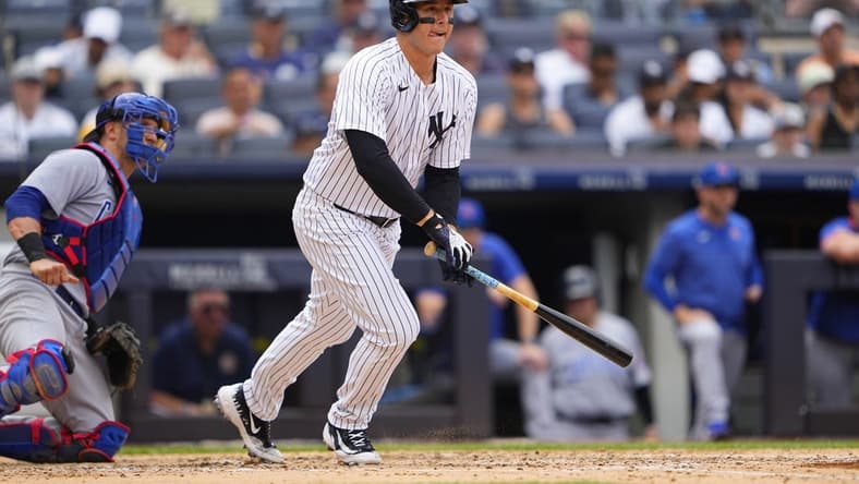 Jul 8, 2023; Bronx, New York, USA; New York Yankees first baseman Anthony Rizzo (48) reacts after hitting a single against the Chicago Cubs during the third inning at Yankee Stadium. Mandatory Credit: Gregory Fisher-USA TODAY Sports
