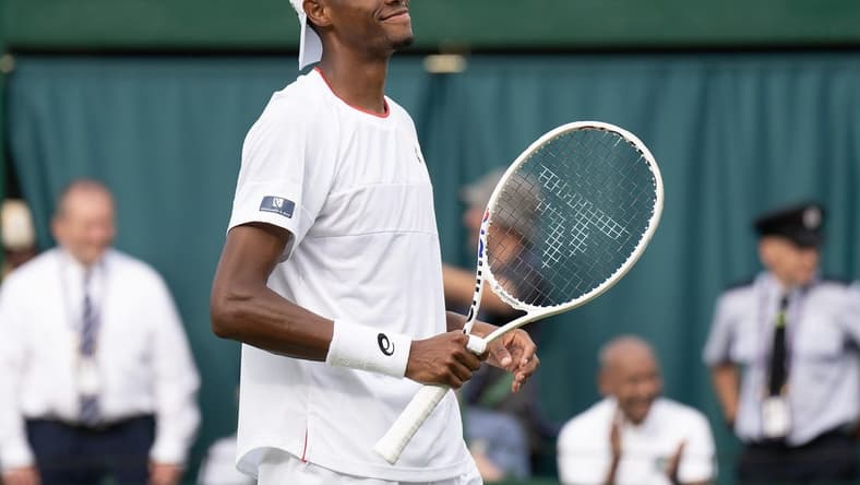Jul 8, 2023; London, United Kingdom; Christopher Eubanks (USA) celebrates winning his match against Christopher O   Connell (AUS) on day six at the All England Lawn Tennis and Croquet Club.  Mandatory Credit: Susan Mullane-USA TODAY Sports