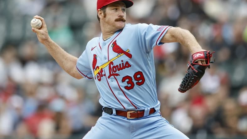 Jul 8, 2023; Chicago, Illinois, USA; St. Louis Cardinals starting pitcher Miles Mikolas (39) delivers a pitch against the Chicago White Sox during the first inning at Guaranteed Rate Field. Mandatory Credit: Kamil Krzaczynski-USA TODAY Sports