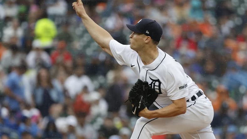 Jul 8, 2023; Detroit, Michigan, USA; Detroit Tigers starting pitcher Matt Manning (25) pitches in the first inning against the Toronto Blue Jays at Comerica Park. Mandatory Credit: Rick Osentoski-USA TODAY Sports