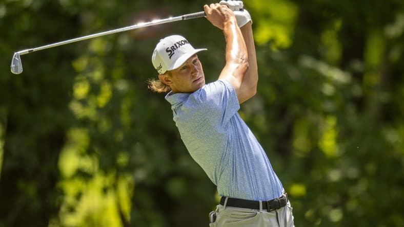 Jul 8, 2023; Silvis, Illinois, USA; Peter Kuest tees off on the 6th hole during the third round of the John Deere Classic golf tournament. Mandatory Credit: Marc Lebryk-USA TODAY Sports