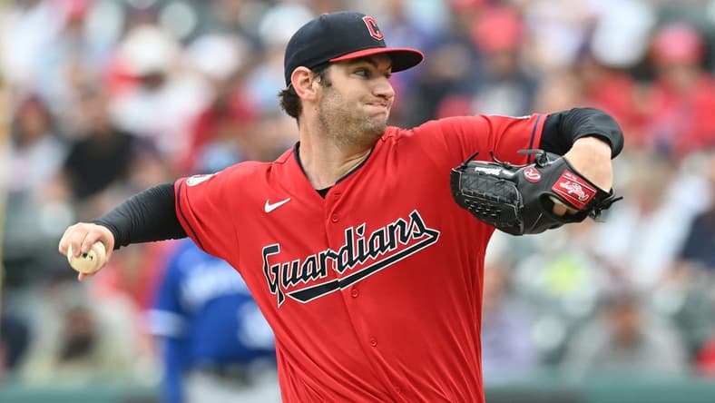 Jul 8, 2023; Cleveland, Ohio, USA; Cleveland Guardians starting pitcher Gavin Williams (63) throws a pitch during the first inning against the Kansas City Royals at Progressive Field. Mandatory Credit: Ken Blaze-USA TODAY Sports