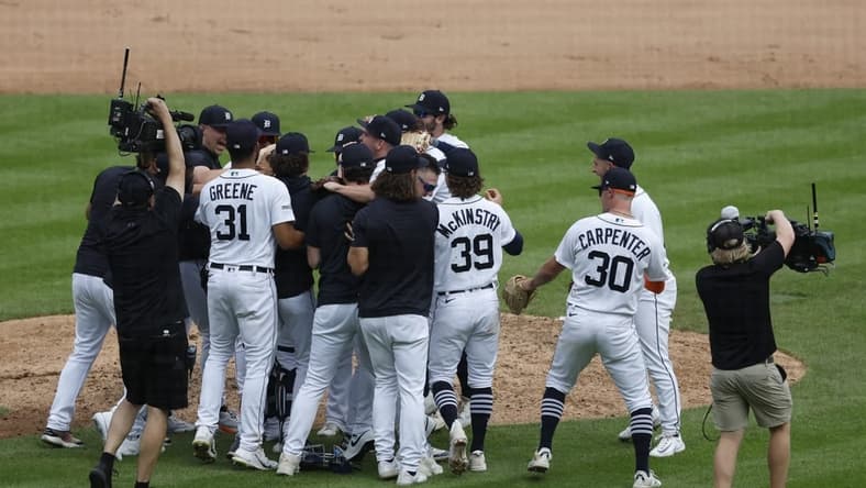 Jul 8, 2023; Detroit, Michigan, USA;  Detroit Tigers celebrate after defeating the Toronto Blue Jays with a combined no hitter at Comerica Park. Three Tigers pitches combined to pitch a no-hitter. Mandatory Credit: Rick Osentoski-USA TODAY Sports