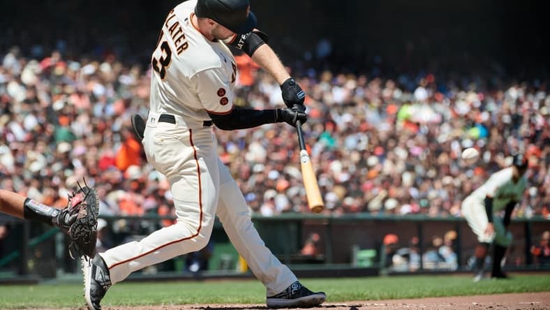 Jul 8, 2023; San Francisco, California, USA; San Francisco Giants outfielder Austin Slater (13) hits a two run home run against the Colorado Rockies during the fifth inning at Oracle Park. Mandatory Credit: Robert Edwards-USA TODAY Sports