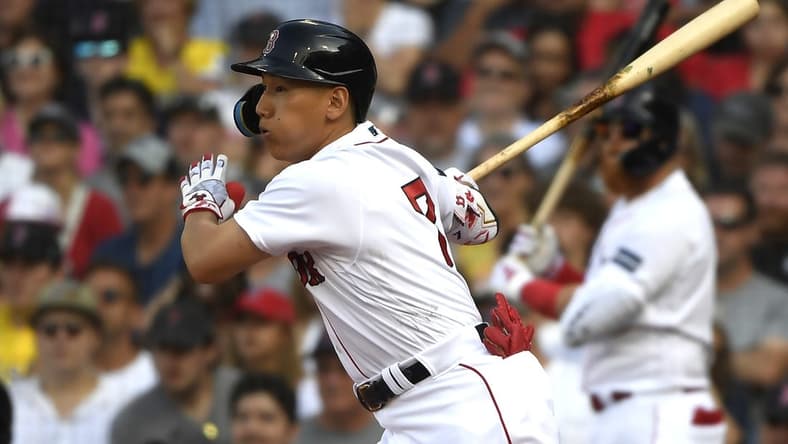 Jul 8, 2023; Boston, Massachusetts, USA; Boston Red Sox left fielder Masataka Yoshida (7) hits an RBI single during the fifth inning against the Oakland Athletics at Fenway Park. Mandatory Credit: Bob DeChiara-USA TODAY Sports