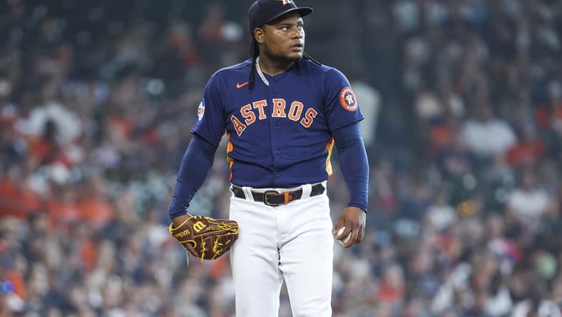 Jul 8, 2023; Houston, Texas, USA; Houston Astros starting pitcher Framber Valdez (59) looks up before the first pitch against the Seattle Mariners at Minute Maid Park. Mandatory Credit: Troy Taormina-USA TODAY Sports