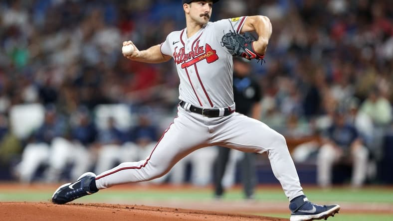 Jul 8, 2023; St. Petersburg, Florida, USA; Atlanta Braves starting pitcher Spencer Strider (99) throws a pitch against the Tampa Bay Rays in the first inning at Tropicana Field. Mandatory Credit: Nathan Ray Seebeck-USA TODAY Sports