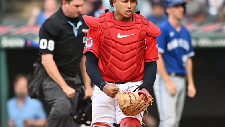 Jul 8, 2023; Cleveland, Ohio, USA; Cleveland Guardians catcher Bo Naylor (23) reacts after tagging out Kansas City Royals second baseman Nicky Lopez (not pictured) during the eighth inning at Progressive Field. Mandatory Credit: Ken Blaze-USA TODAY Sports