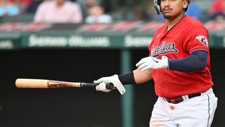 Jul 8, 2023; Cleveland, Ohio, USA; Cleveland Guardians designated hitter Josh Naylor (22) hits an RBI double during the eighth inning against the Kansas City Royals at Progressive Field. Mandatory Credit: Ken Blaze-USA TODAY Sports