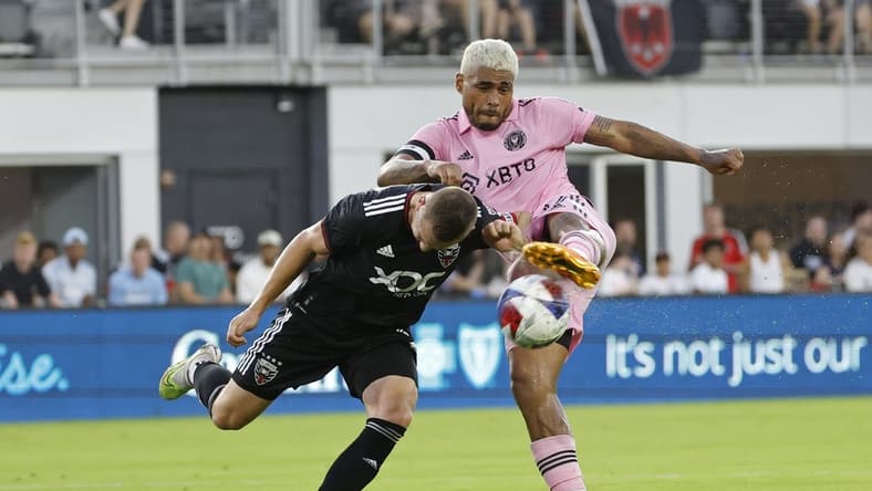 Jul 8, 2023; Washington, District of Columbia, USA; Inter Miami CF forward Josef Mart nez (17) attempts to shoot the ball as D.C. United midfielder Russell Canouse (6) defends in the first half at Audi Field. Mandatory Credit: Geoff Burke-USA TODAY Sports