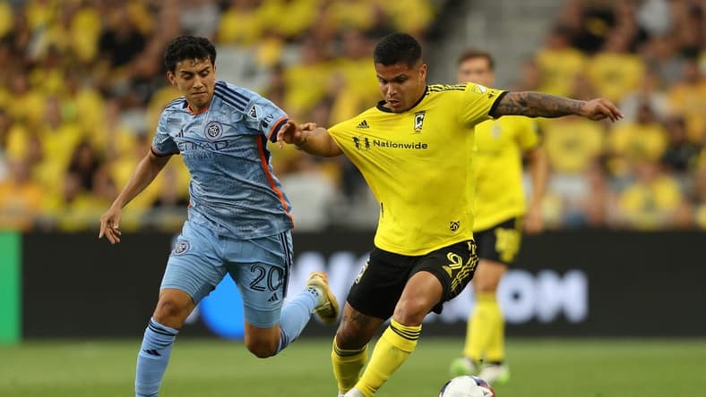 Jul 8, 2023; Columbus, Ohio, USA; New York City forward Richard Ledezma (20) fights for the ball against Columbus Crew SC forward Cucho Hernandez (9) during the first half  at Lower.com Field. Mandatory Credit: Joseph Maiorana-USA TODAY Sports
