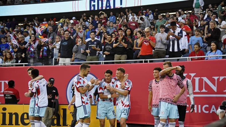 Jul 8, 2023; Chicago, Illinois, USA; Chicago Fire midfielder Fabian Herbers (21) celebrates with teammates after scoring a goal against the Nashville SC during the first half at Soldier Field. Mandatory Credit: Jon Durr-USA TODAY Sports