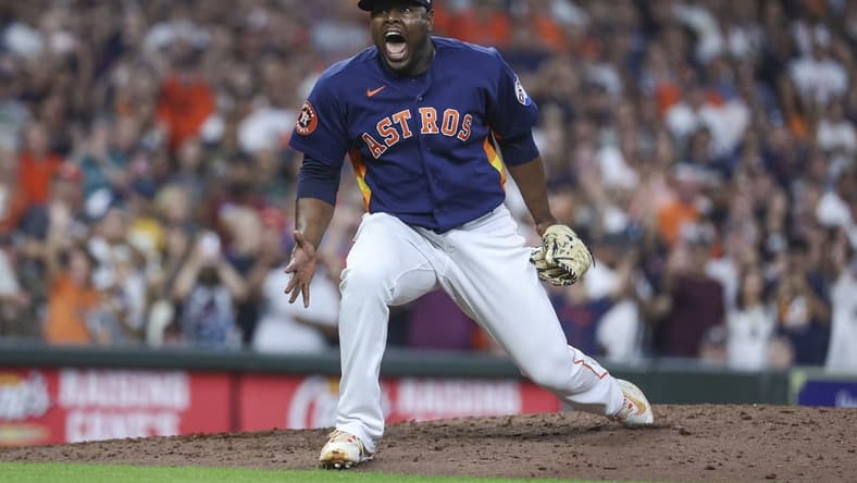 Jul 8, 2023; Houston, Texas, USA; Houston Astros relief pitcher Hector Neris (50) reacts after getting a strikeout during the eighth inning against the Seattle Mariners at Minute Maid Park. Mandatory Credit: Troy Taormina-USA TODAY Sports