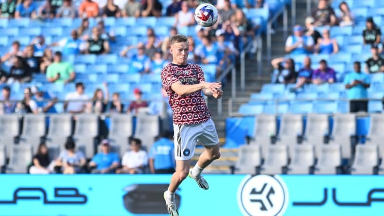 Jul 8, 2023; Charlotte, North Carolina, USA; Charlotte FC attacker Karol Swiderski (11) warming up and heading the ball before the match against FC Cincinnati at Bank of America Stadium. Mandatory Credit: Griffin Zetterberg-USA TODAY Sportsfc