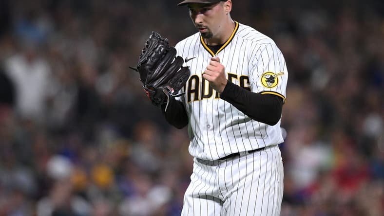 Jul 8, 2023; San Diego, California, USA; San Diego Padres starting pitcher Blake Snell (4) reacts after the last out of the top of the sixth inning was recorded against the New York Mets at Petco Park. Mandatory Credit: Orlando Ramirez-USA TODAY Sports