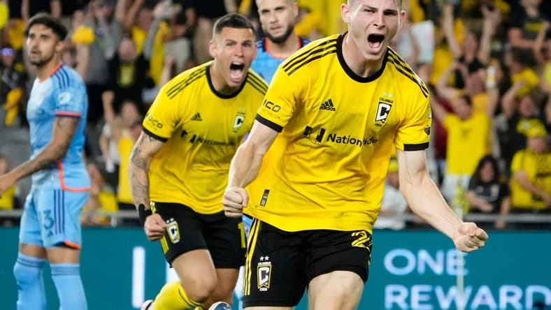 Jul 8, 2023; Columbus, Ohio, USA; Columbus Crew midfielder Sean Zawadzki (25) reacts to scoring a goal during the second half of the MLS soccer match against the New York City FC at Lower.com Field. The Crew tied 1-1.