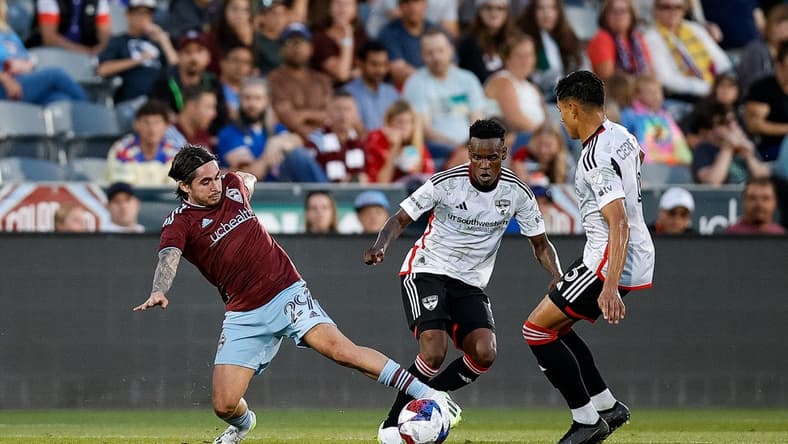 Jul 8, 2023; Commerce City, Colorado, USA; Colorado Rapids midfielder Braian Galvan (29) battles for the ball with FC Dallas midfielder Edwin Cerrillo (6) and forward Jader Obrian (8) in the first half at Dick's Sporting Goods Park. Mandatory Credit: Isaiah J. Downing-USA TODAY Sports