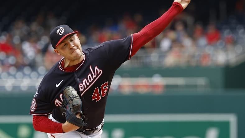 Jul 9, 2023; Washington, District of Columbia, USA; Washington Nationals starting pitcher Patrick Corbin (46) pitches against the Texas Rangers during the first inning at Nationals Park. Mandatory Credit: Geoff Burke-USA TODAY Sports
