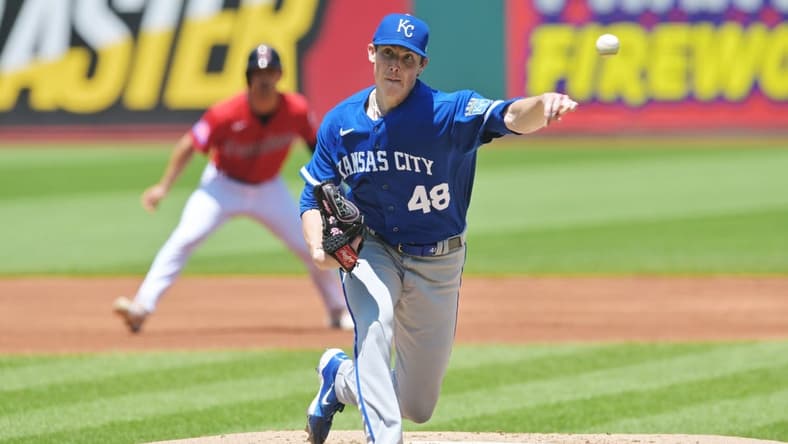 Jul 9, 2023; Cleveland, Ohio, USA; Kansas City Royals pitcher Ryan Yarbrough (48) throws a pitch during the first inning against the Cleveland Guardians at Progressive Field. Mandatory Credit: Ken Blaze-USA TODAY Sports