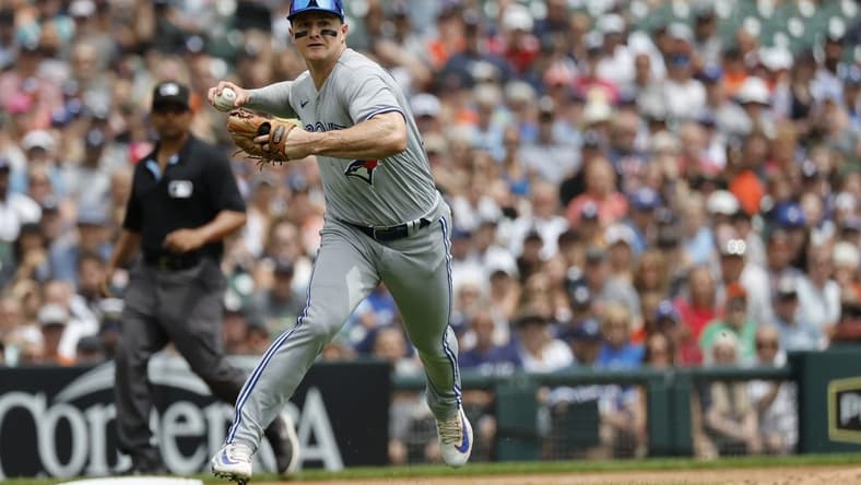 Jul 9, 2023; Detroit, Michigan, USA; Toronto Blue Jays third baseman Matt Chapman (26) makes a throw to first for an out in the second inning against the Detroit Tigers at Comerica Park. Mandatory Credit: Rick Osentoski-USA TODAY Sports