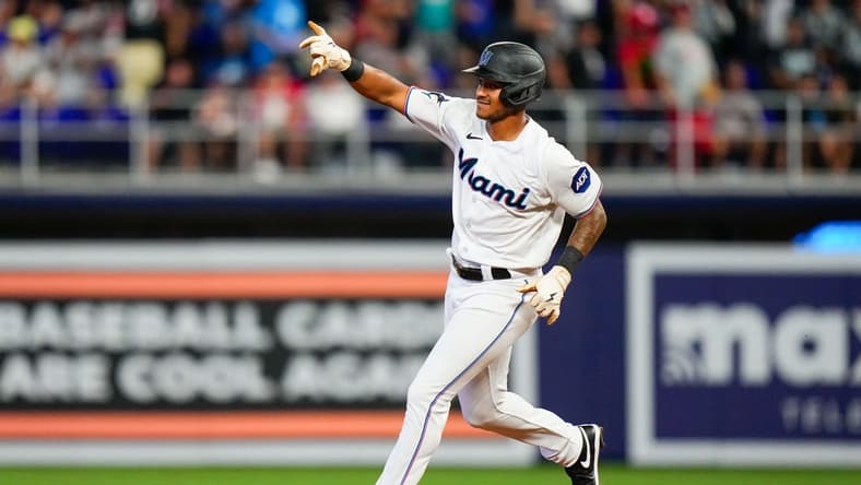 Jul 9, 2023; Miami, Florida, USA; Miami Marlins right fielder Dane Myers (54) runs the bases after hitting a home run against the Philadelphia Phillies during the third inning at loanDepot Park. Mandatory Credit: Rich Storry-USA TODAY Sports