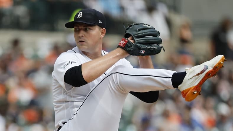 Jul 9, 2023; Detroit, Michigan, USA;  Detroit Tigers starting pitcher Tarik Skubal (29) pitches in the fourth inning against the Toronto Blue Jays at Comerica Park. Mandatory Credit: Rick Osentoski-USA TODAY Sports