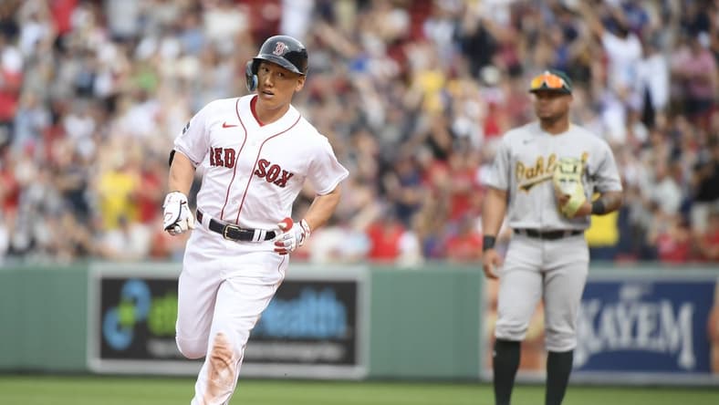 Jul 9, 2023; Boston, Massachusetts, USA;  Boston Red Sox designated hitter Masataka Yoshida (7) rounds the bases after hitting a home run during the eighth inning against the Oakland Athletics at Fenway Park. Mandatory Credit: Bob DeChiara-USA TODAY Sports