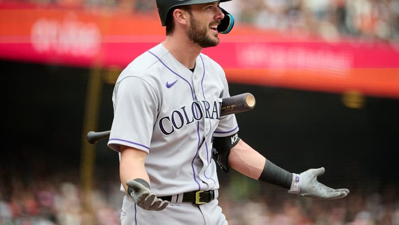 Jul 9, 2023; San Francisco, California, USA; Colorado Rockies outfielder Kris Bryant (23) reacts toward first base umpire Quinn Wolcott (not pictured) after striking out against the San Francisco Giants during the ninth inning at Oracle Park. Mandatory Credit: Robert Edwards-USA TODAY Sports