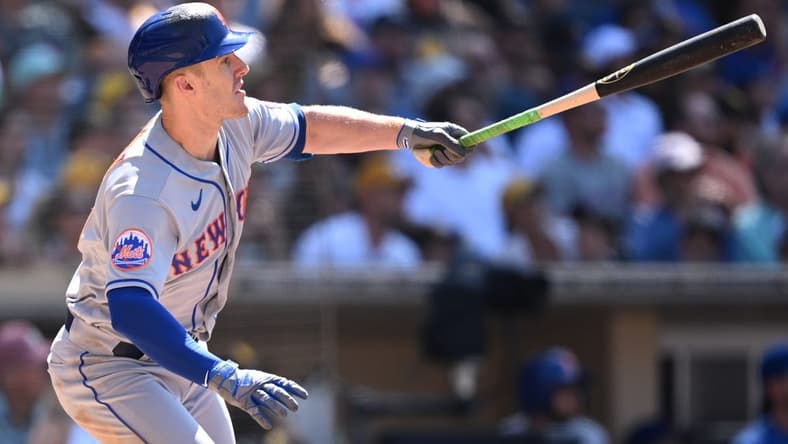 Jul 9, 2023; San Diego, California, USA; New York Mets left fielder Mark Canha (19) watches his two-RBI double against the San Diego Padres during the eighth inning at Petco Park. Mandatory Credit: Orlando Ramirez-USA TODAY Sports