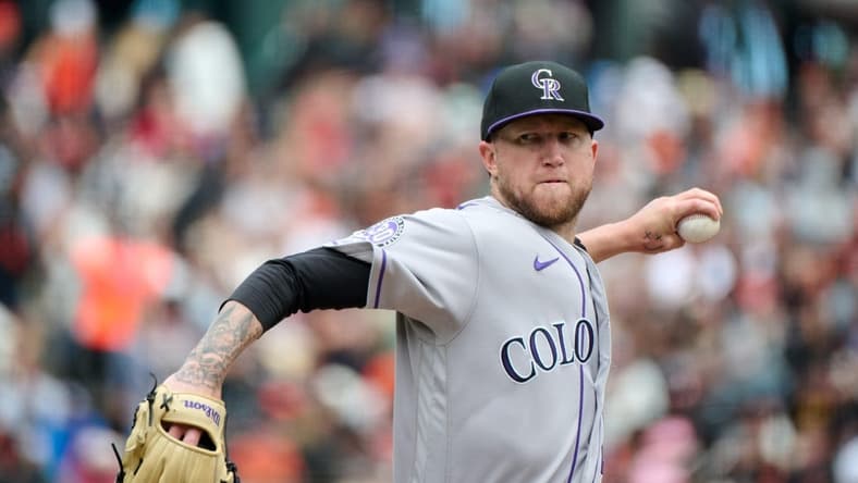 Jul 9, 2023; San Francisco, California, USA; Colorado Rockies starting pitcher Kyle Freeland (21) throws a pitch against the San Francisco Giants during the seventh inning at Oracle Park. Mandatory Credit: Robert Edwards-USA TODAY Sports