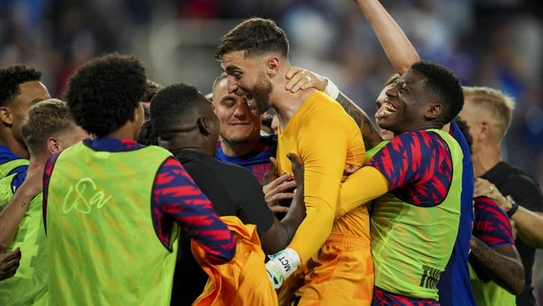 Jul 9, 2023; Cincinnati, Ohio, USA;  United States goalkeeper Matt Turner, middle, celebrates with teammates after defeating Canada in penalty kicks at TQL Stadium. Mandatory Credit: Aaron Doster-USA TODAY Sports