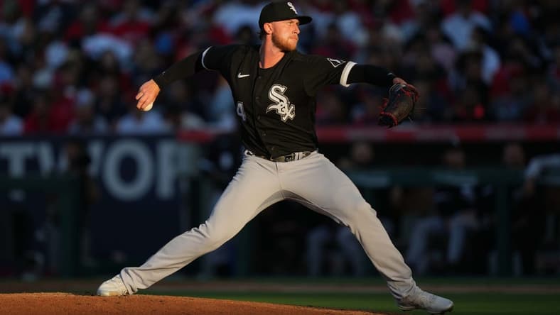 Jun 27, 2023; Anaheim, California, USA; Chicago White Sox starting pitcher Michael Kopech (34) throws in the third inning against the Los Angeles Angels at Angel Stadium. Mandatory Credit: Kirby Lee-USA TODAY Sports
