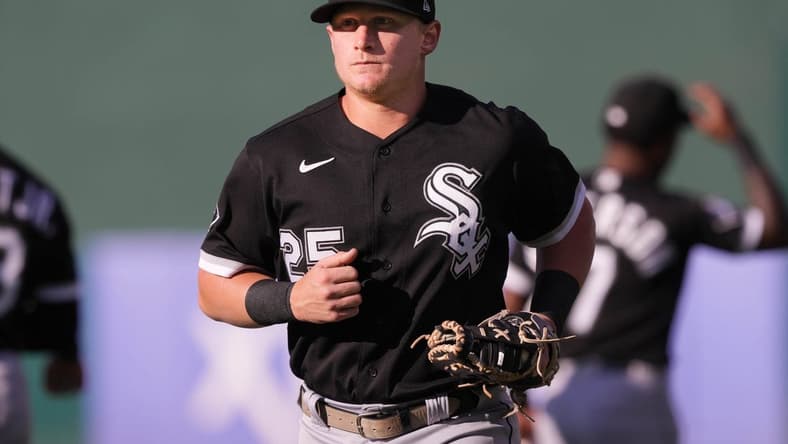 Jun 30, 2023; Oakland, California, USA; Chicago White Sox first baseman Andrew Vaughn (25) jogs on the field before the game against the Oakland Athletics at Oakland-Alameda County Coliseum. Mandatory Credit: Darren Yamashita-USA TODAY Sports