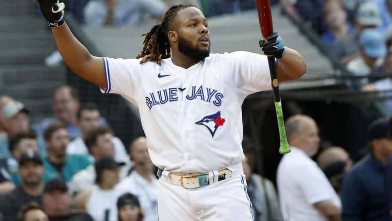 Jul 10, 2023; Seattle, Washington, USA; Toronto Blue Jays first baseman Vladimir Guerrero Jr. (27) during the semifinals of the All-Star Home Run Derby at T-Mobile Park.  Mandatory Credit: Joe Nicholson-USA TODAY Sports
