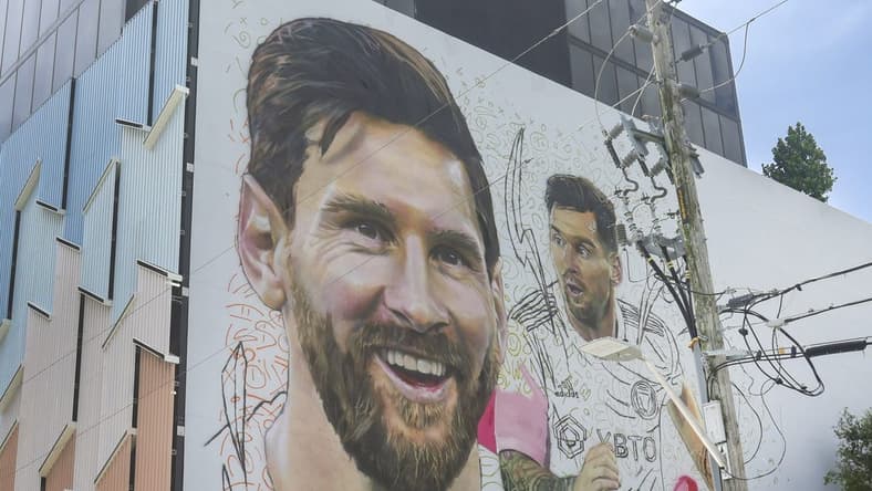 Jul 11, 2023; Miami, FL, USA; A mural of Argentine soccer player Lionel Messi by artist Maxi Bagnasco is seen in the Miami neighborhood of Wynwood as Messi is set to be presented as an Inter Miami CF player later this week Mandatory Credit: Sam Navarro-USA TODAY Sports