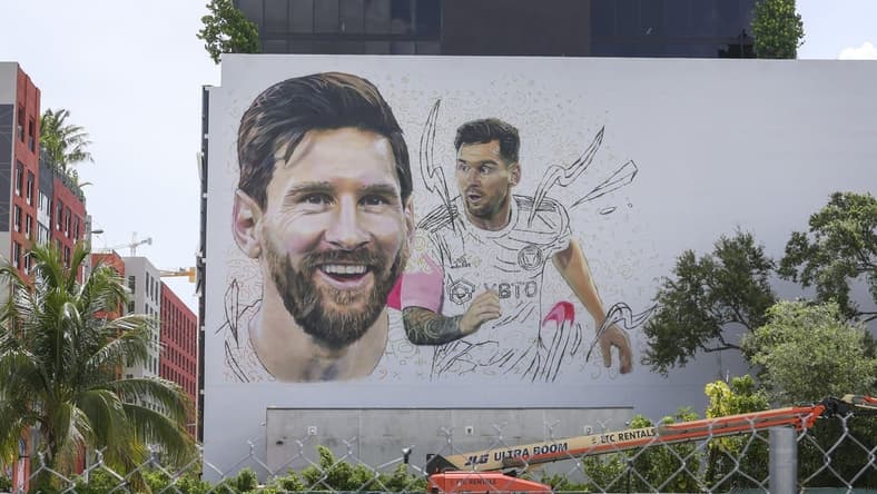 Jul 11, 2023; Miami, FL, USA; A mural of Argentine soccer player Lionel Messi by artist Maxi Bagnasco is seen in the Miami neighborhood of Wynwood as Messi is set to be presented as an Inter Miami CF player later this week Mandatory Credit: Sam Navarro-USA TODAY Sports