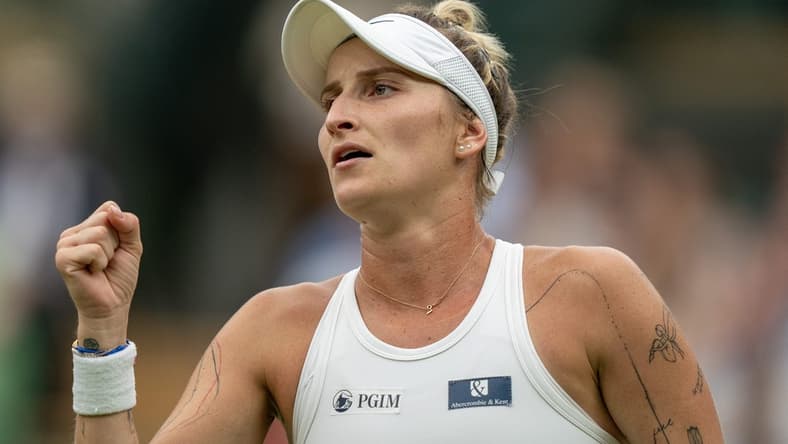 Jul 11, 2023; London, United Kingdom; Marketa Vondrousova (CZE) reacts to a point during her match against Jessica Pegula (USA) on day nine of Wimbledon at the All England Lawn Tennis and Croquet Club.  Mandatory Credit: Susan Mullane-USA TODAY Sports