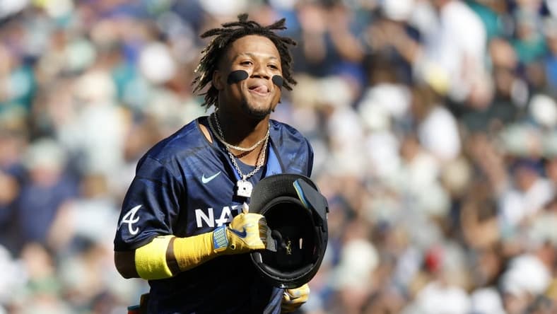 Jul 11, 2023; Seattle, Washington, USA; National League right fielder Ronald Acuna Jr. of the Atlanta Braves (13) reacts after flying out against the American League during the first inning of the 2023 MLB All Star Game at T-Mobile Park. Mandatory Credit: Joe Nicholson-USA TODAY Sports